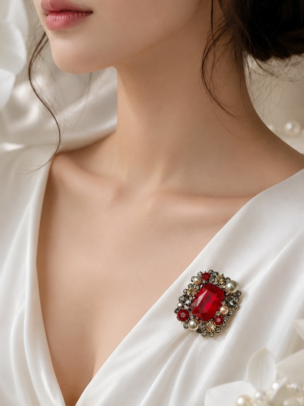 Red Crystal & Pearl Brooch - Picture 4 of 4